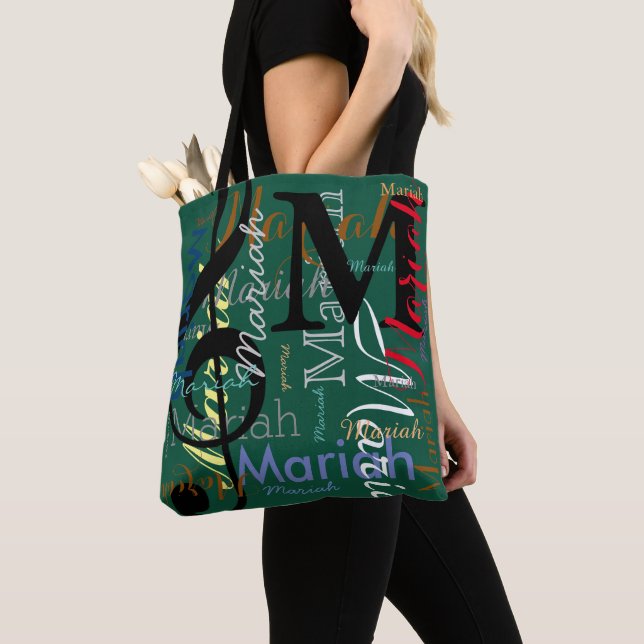 Treble Clef Note Music Monogram and Names on Green Tote Bag (Close Up)
