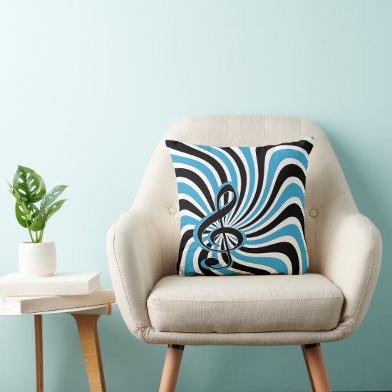 Treble Clef on Blue Retro Background Throw Pillow
