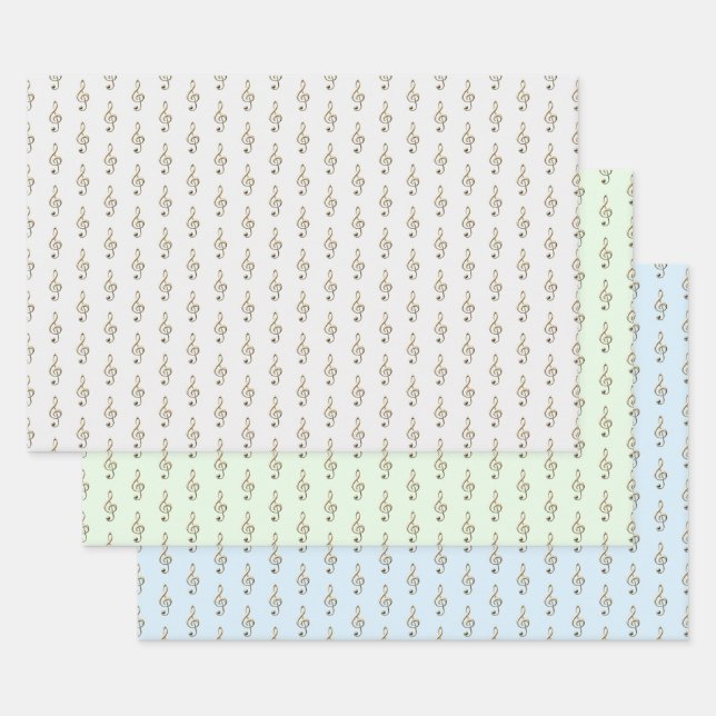 Treble Clef Pattern Music Themed Gray Green Blue Wrapping Paper Sheets (Set)