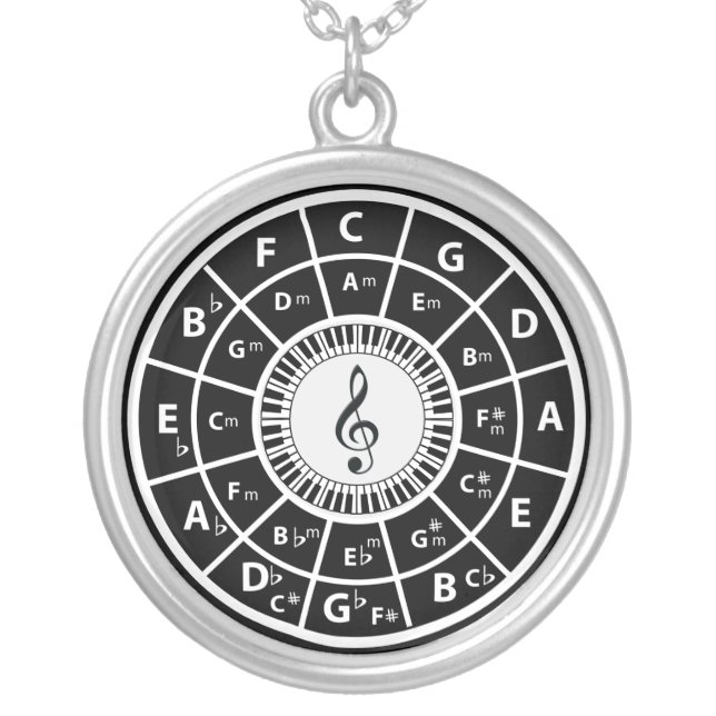 Treble clef  Piano Keys Circle of Fifths Silver Plated Necklace (Front)