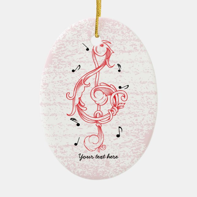 Treble clef red scrollwork sol note key ceramic ornament (Front)
