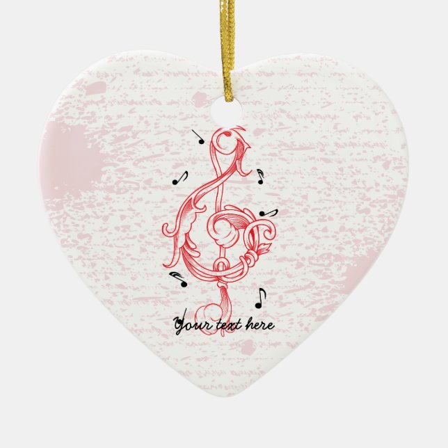 Treble clef red scrollwork sol note key ceramic ornament (Front)