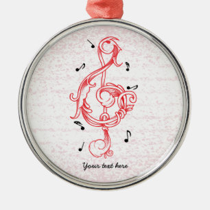Treble clef red scrollwork sol note key metal ornament