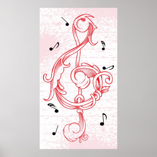 treble clef Red scrollwork sol note key poster (Front)