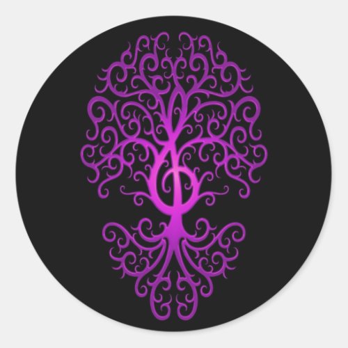 Treble Clef Tree purple  black Classic Round Sticker