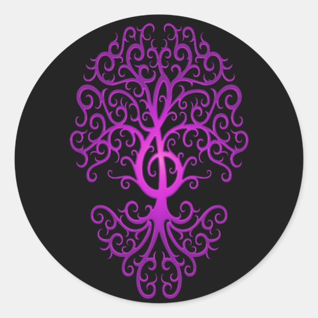 Treble Clef Tree, purple & black Classic Round Sticker (Front)