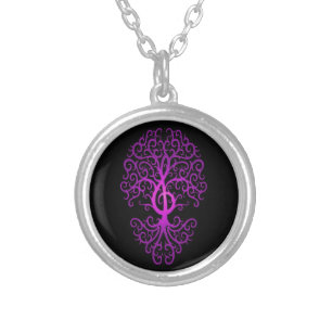 Treble Clef Tree, purple & black Silver Plated Necklace