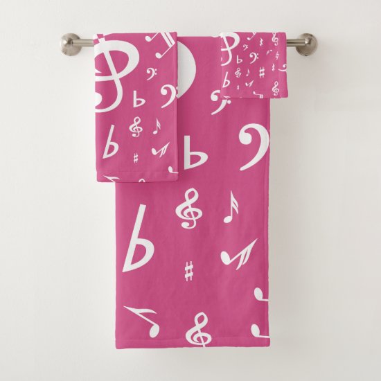 Treble Clef Wave Music Notes in Pink and White Bath Towel Set