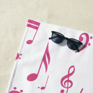Treble Clef Wave Music Notes in Pink and White Beach Towel