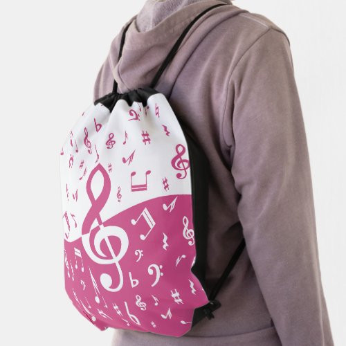 Treble Clef Wave Music Notes in Pink and White Drawstring Bag