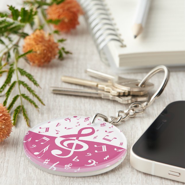 Treble Clef Wave Music Notes in Pink and White Keychain (Front Right)