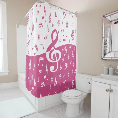 Treble Clef Wave Music Notes in Pink and White Shower Curtain