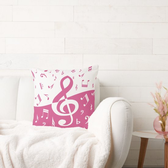 Treble Clef Wave Music Notes in Pink and White Throw Pillow