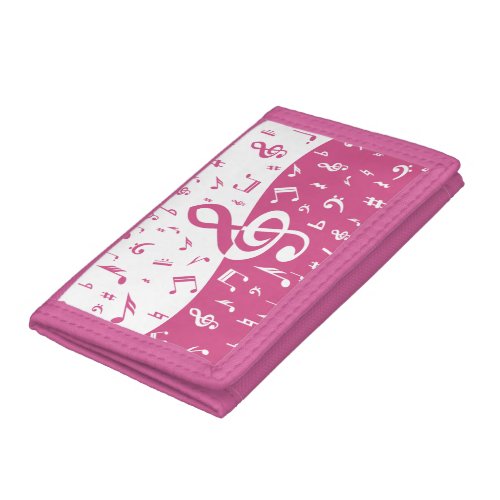 Treble Clef Wave Music Notes in Pink and White Tri_fold Wallet