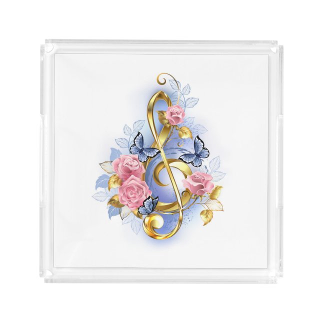 Treble clef with Pink Roses Acrylic Tray (Front)