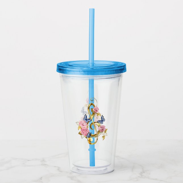 Treble clef with Pink Roses Acrylic Tumbler (Front)
