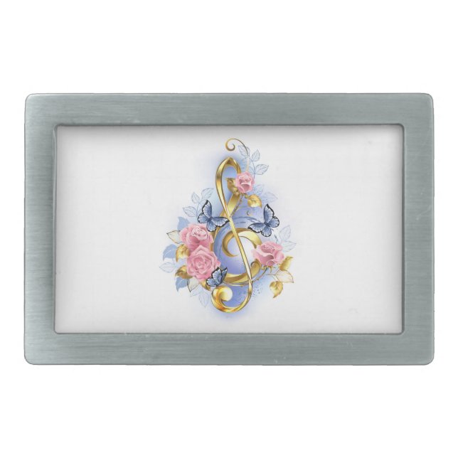 Treble clef with Pink Roses Belt Buckle (Front)