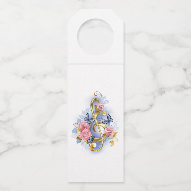 Treble clef with Pink Roses Bottle Hanger Tag (Front)