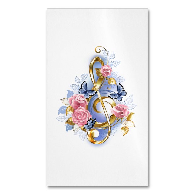 Treble clef with Pink Roses Business Card Magnet (Front Vertical)