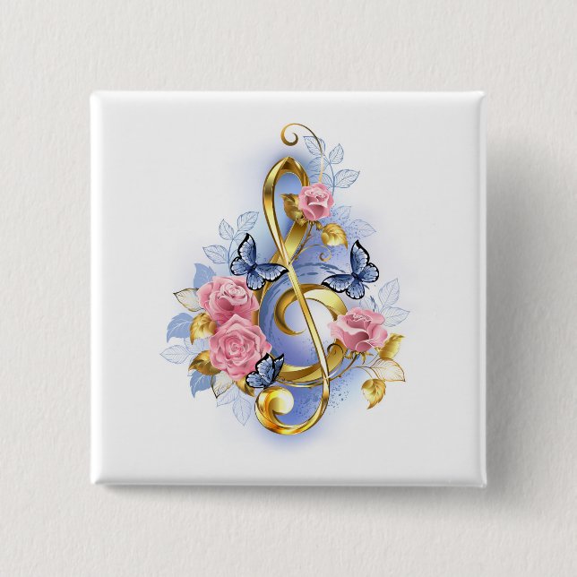 Treble clef with Pink Roses Button (Front)