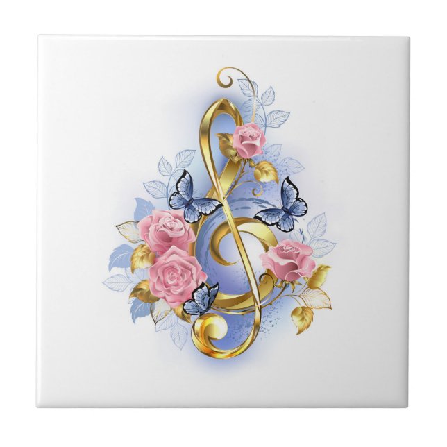 Treble clef with Pink Roses Ceramic Tile (Front)