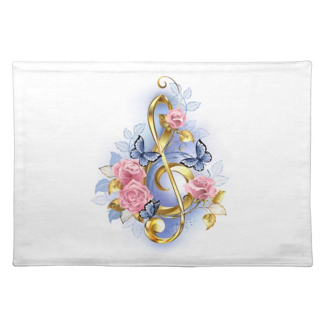 Treble clef with Pink Roses Cloth Placemat (Front)