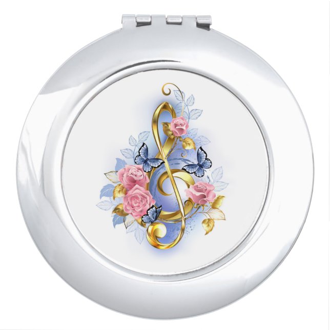 Treble clef with Pink Roses Compact Mirror (Front)
