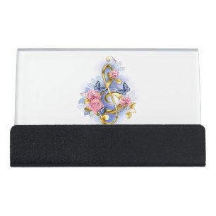 Treble clef with Pink Roses Desk Business Card Holder