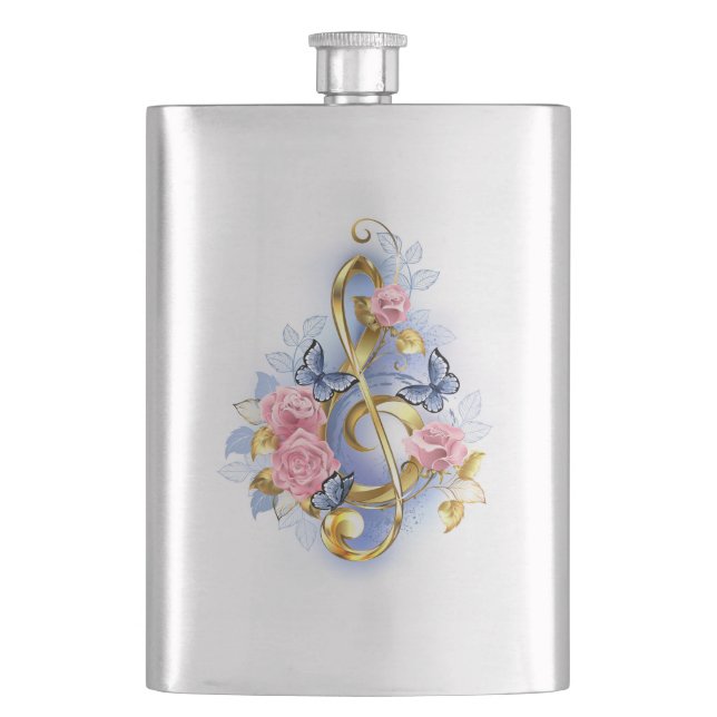 Treble clef with Pink Roses Flask (Front)