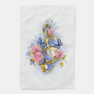 Treble clef with Pink Roses Garden Flag