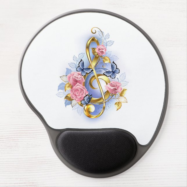 Treble clef with Pink Roses Gel Mouse Pad (Front)