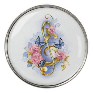Treble clef with Pink Roses Golf Ball Marker