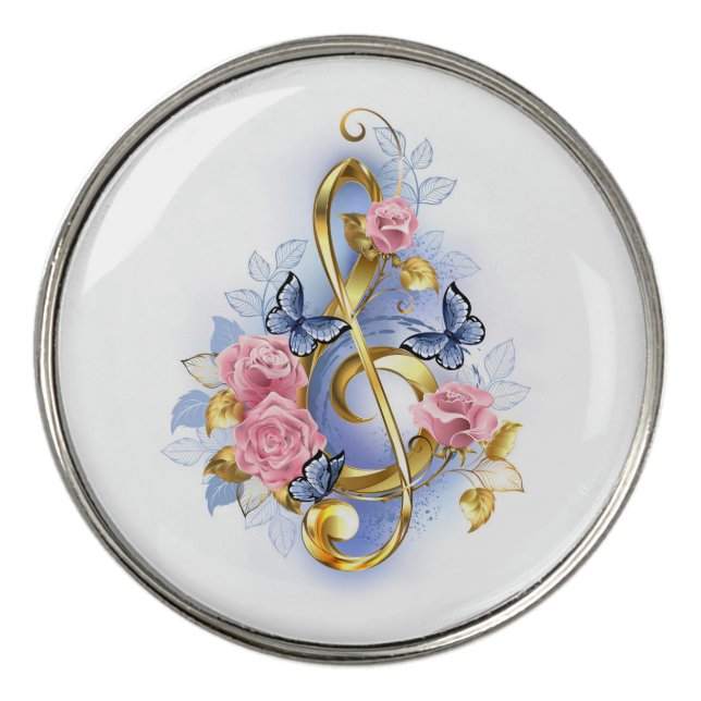 Treble clef with Pink Roses Golf Ball Marker (Front)