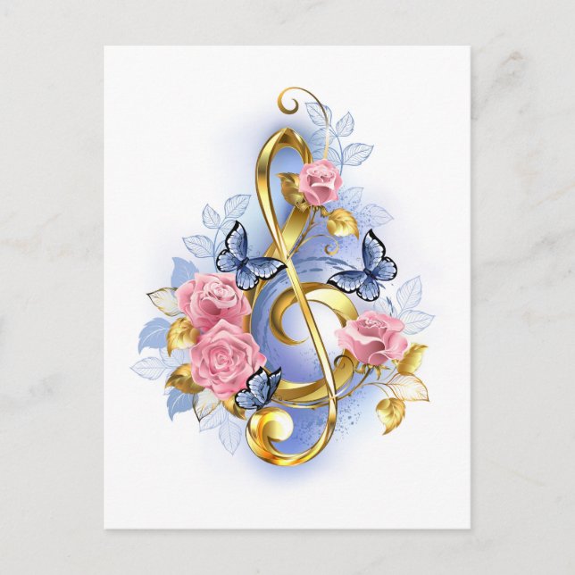 Treble clef with Pink Roses Holiday Postcard (Front)