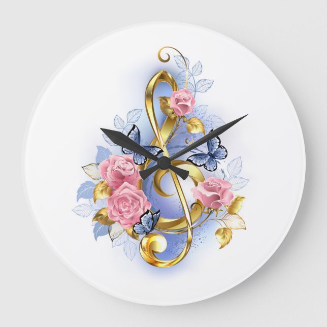 Treble clef with Pink Roses Large Clock (Front)