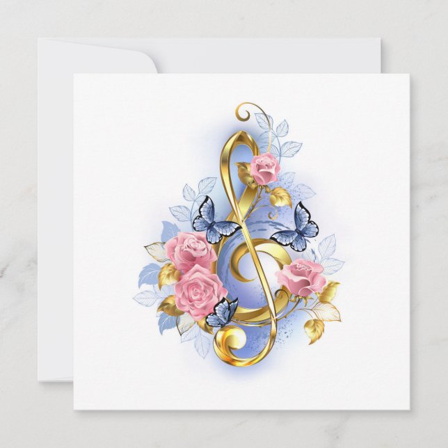 Treble clef with Pink Roses Note Card (Front)