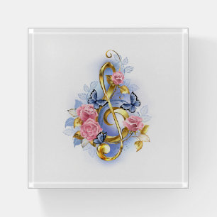 Treble clef with Pink Roses Paperweight