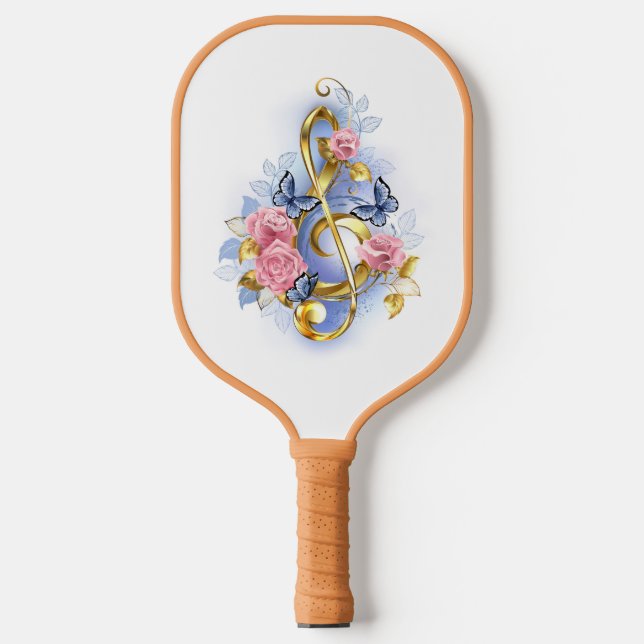 Treble clef with Pink Roses Pickleball Paddle (Front)