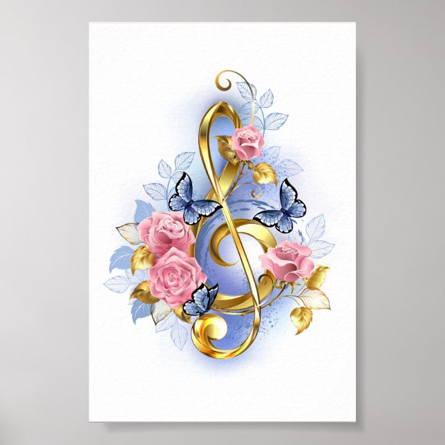 Treble clef with Pink Roses Poster (Front)