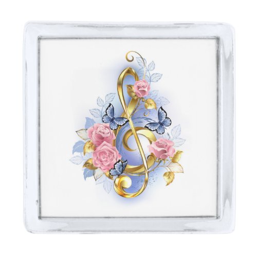 Treble clef with Pink Roses Silver Finish Lapel Pin
