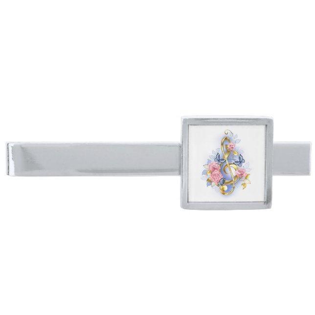 Treble clef with Pink Roses Silver Finish Tie Bar (Front)