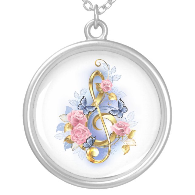 Treble clef with Pink Roses Silver Plated Necklace (Front)