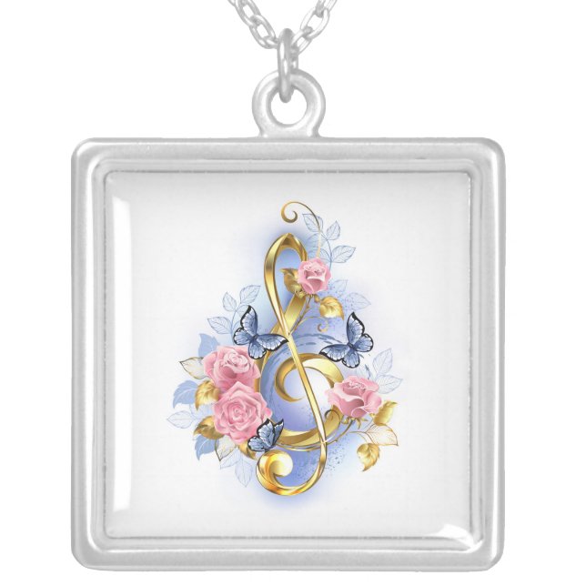Treble clef with Pink Roses Silver Plated Necklace (Front)