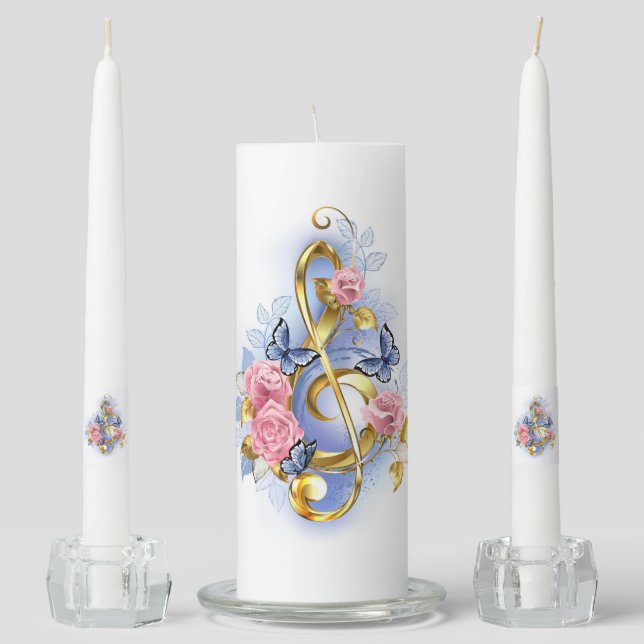 Treble clef with Pink Roses Unity Candle Set (Front)