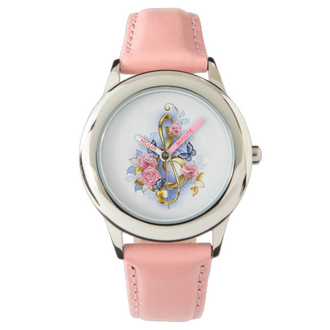 Treble clef with Pink Roses Watch (Front)