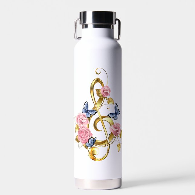 Treble clef with Pink Roses Water Bottle (Front)