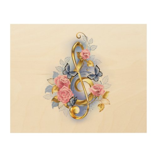 Treble clef with Pink Roses Wood Wall Art