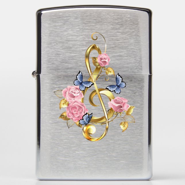 Treble clef with Pink Roses Zippo Lighter (Front)