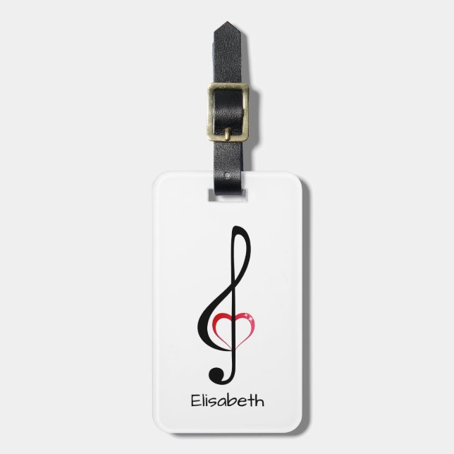 Treble clef with shiny pink heart luggage tag (Front Vertical)