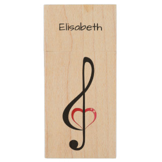 Treble clef with shiny pink heart wood USB flash drive